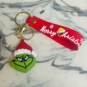 Grinch Keychain with Red Merry Christmas Strap
